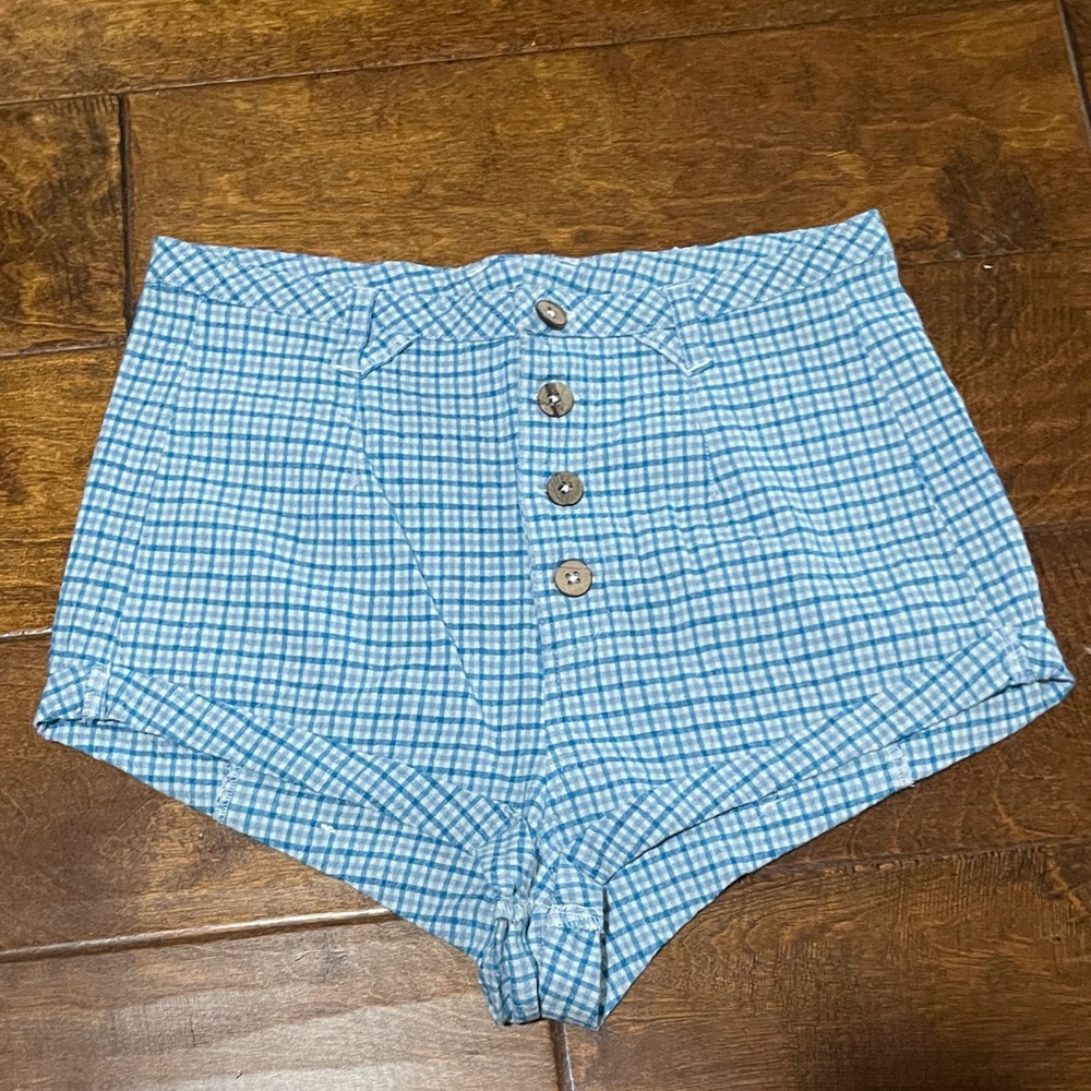 Free People Blue Checkered Button Up Women's Short Shorts Sz 10